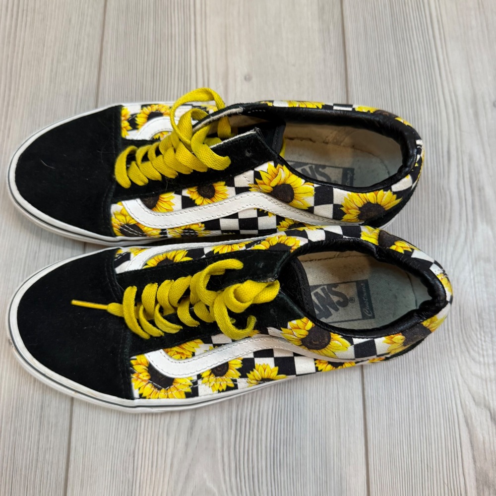 Vans Old Skool Customs Sunflower Checkerboard Sneakers Black Men 7 WMN 8.5 - Picture 2 of 9